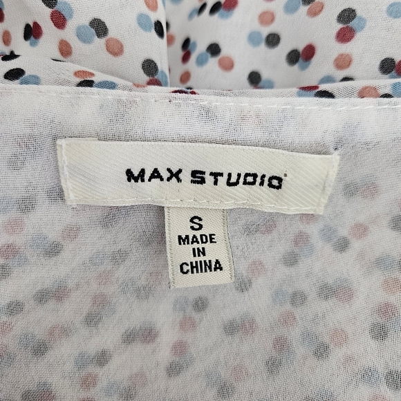 Max Studio Faux Wrap Blouse White Polka Dot Long Sleeve Ruffle VNeck Shirt Small - Picture 5 of 7